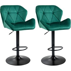 HOMCOM Bar Stools Set Of 2, Luxurious Velvet-Touch Barstools with Metal Frame Footrest Round Base Triangle Indenting Adjustable Height Swivel Green