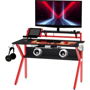 HOMCOM Gaming Desk Computer Table Stable Metal Frame Adjustable Feet w/ Cup Holder Headphone Hook, Cable Basket - Red