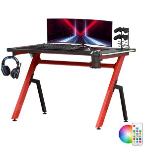 HOMCOM Ergonomic Gaming Desk, Racing Style Workstation with RGB LED Lights, Hook, Cup Holder, Controller Rack, Black Red