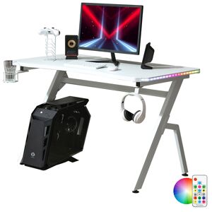 HOMCOM Gaming Desk Racing Style Home Office Ergonomic Computer Table Workstation with RGB LED Lights, Hook, Cup Holder, Controller Rack, White