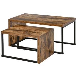 HOMCOM Set of 2 Coffee Tables Industrial Style Tea Table, Side Table w/ Metal Frame for Living Room Bedroom Black & Brown