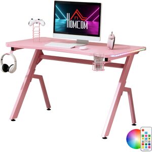 HOMCOM Gaming Desk Racing Style Home Office Ergonomic Computer Table Workstation with RGB LED Lights, Controller Rack & Cable Management, Pink