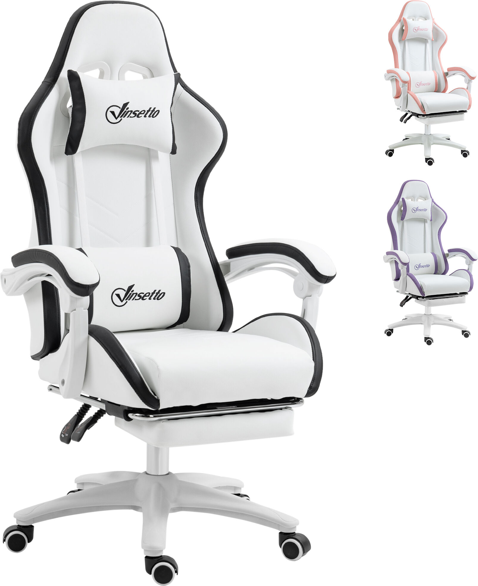 Vinsetto Racing Gaming Chair, Reclining PU Leather Computer Chair with 360 Degree Swivel Seat, Footrest, Removable Headrest White and Black