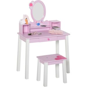 HOMCOM 2 PCS Kids Wooden Dressing Table & Stool Girls Vanity Table Makeup Table Set w/ Mirror Drawers Role Play for Toddlers 3 Year+ Aosom UK