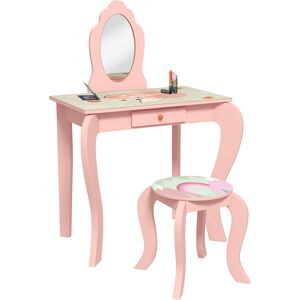 ZONEKIZ Kids Dressing Table with Mirror and Stool, Girls Vanity Table Makeup Desk with Drawer, Cute Animal Design, for 3-6 Years - Pink
