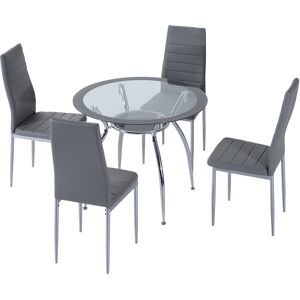 HOMCOM Round Dining Table Set for 4, Table Set with Padded Chairs and Glass-Top Table, Round Kitchen Table and Chairs, Grey Aosom UK
