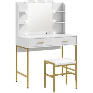 HOMCOM Dressing Table with Lighted Mirror, Cushioned Stool, Drawers, Shelves, Makeup Vanity Desk Set, Modern Dresser Vanity Table White Aosom UK