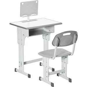 HOMCOM Kids Desk and Chair Set, Height Adjustable Study Table Set with Storage Drawer, Book Stand, Cup Holder, Pen Slot, Grey