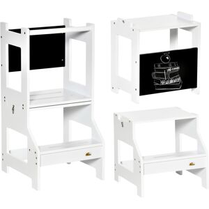 HOMCOM 2-in-1 Kids Step Stool, Toddler Table and Chair Set, with Safety Rail Chalkboard Kitchen Helper Standing Tower, White