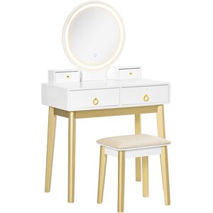 HOMCOM Dressing Table Set with Mirror, Built-in 3 Color LED Light, Vanity Makeup Table with 4 Drawers and Cushioned Stool for Bedroom, White