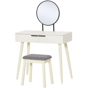 HOMCOM Dressing Table Set with Round Mirror Vanity Table Set w/ Makeup Desk, Cushioned Stool, 2 Drawers for Jewelry Storage, White Aosom UK