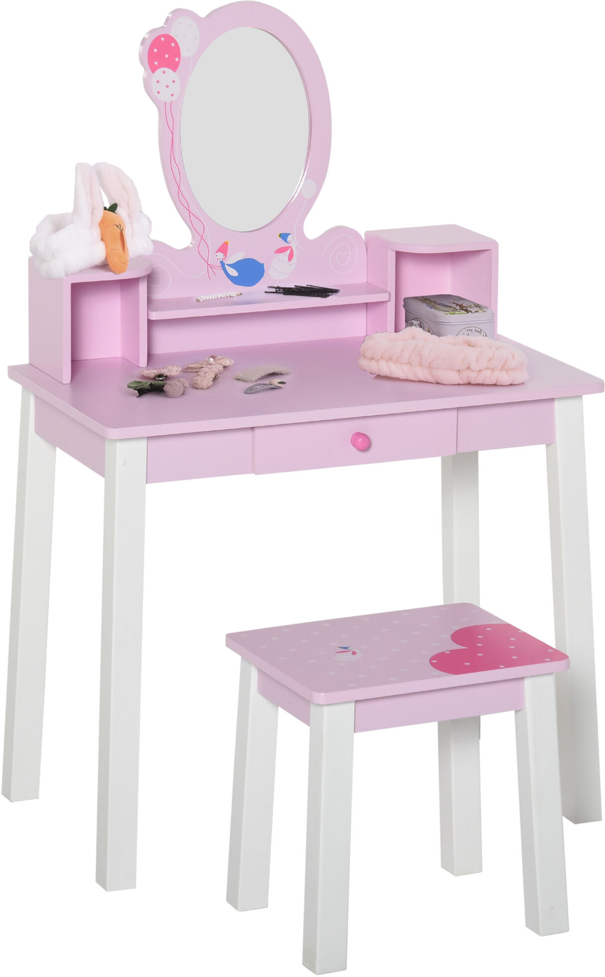 HOMCOM 2 PCS Kids Wooden Dressing Table & Stool Girls Vanity Table Makeup Table Set w/ Mirror Drawers Role Play for Toddlers 3 Year+ Aosom UK