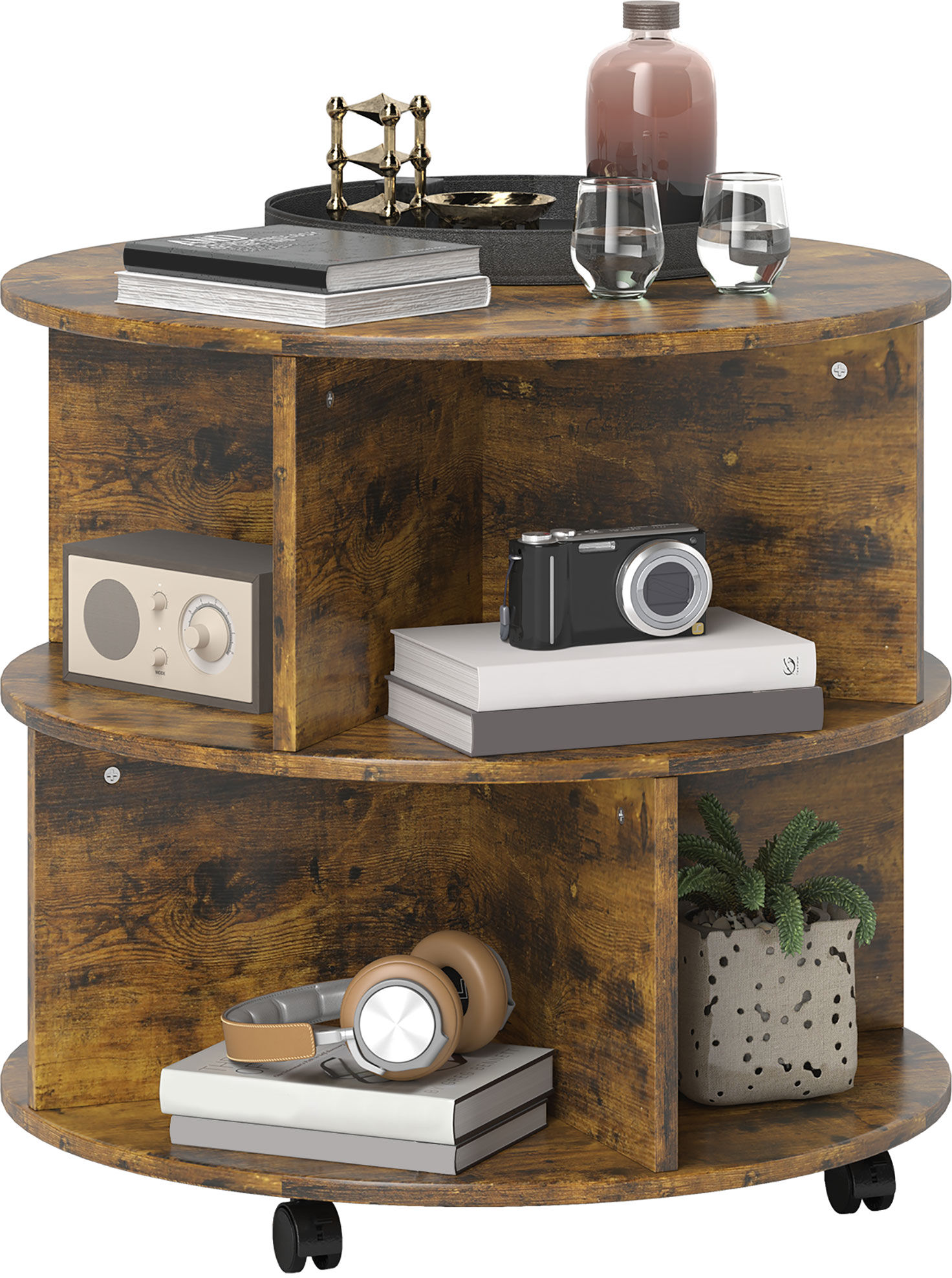 HOMCOM Round Wood Coffee Table with Wheels, 3-Tier Rolling Side Table for Living Room with Divided Shelves, Rustic Brown Aosom UK