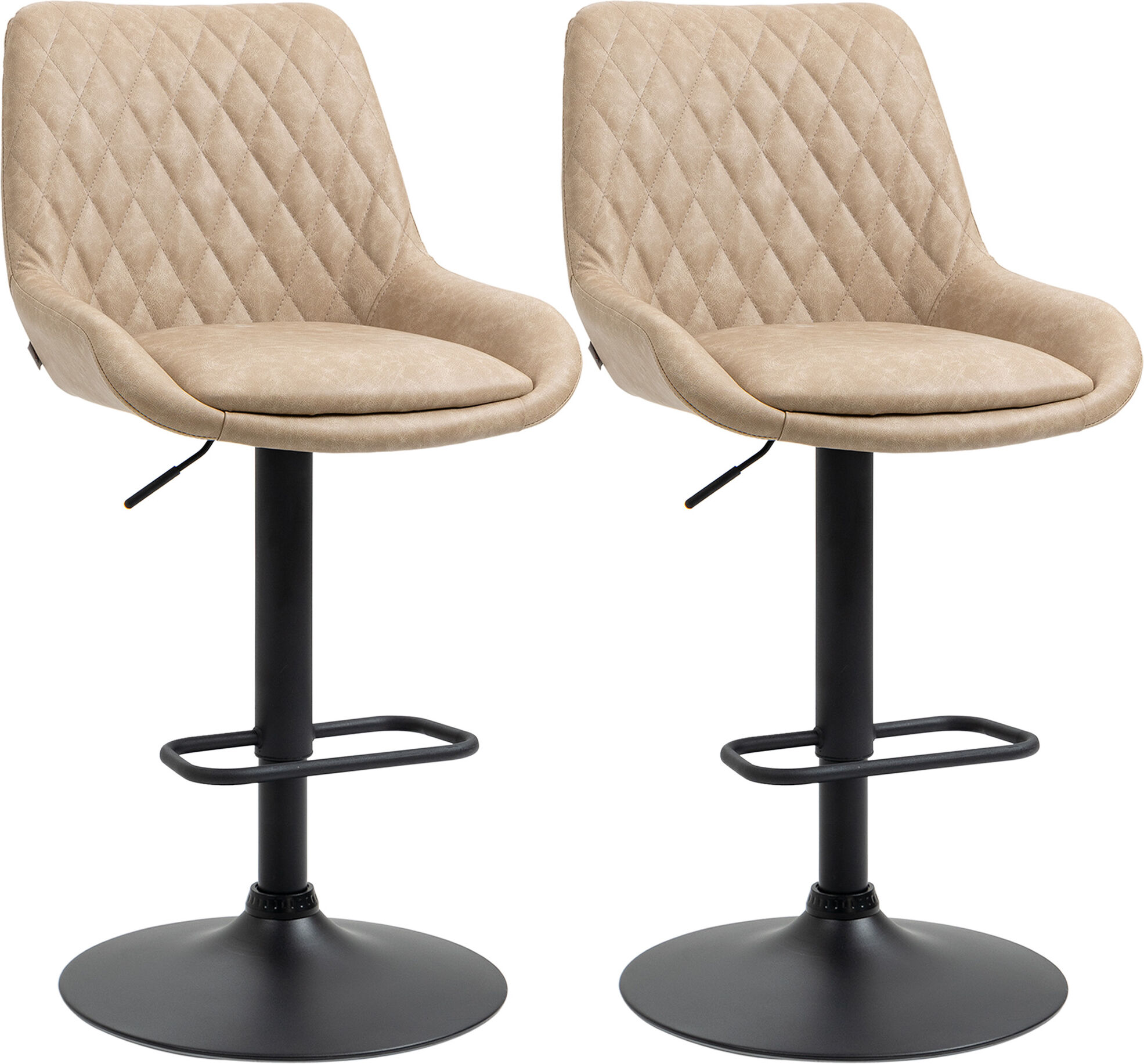 HOMCOM Retro Bar Chairs Set of 2, Adjustable Counter Bar Stool, Upholstered Bar Stools with Back, Swivel Seat, Light Khaki Aosom UK