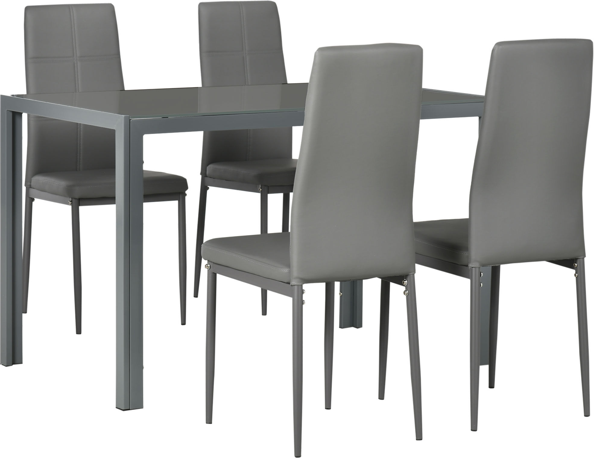 HOMCOM 5-Piece Kitchen Dining Table Set with 4 Faux Leather Metal Frame Chairs Glass Tabletop Desk for Dining Room, Kitchen, Dinette, Grey
