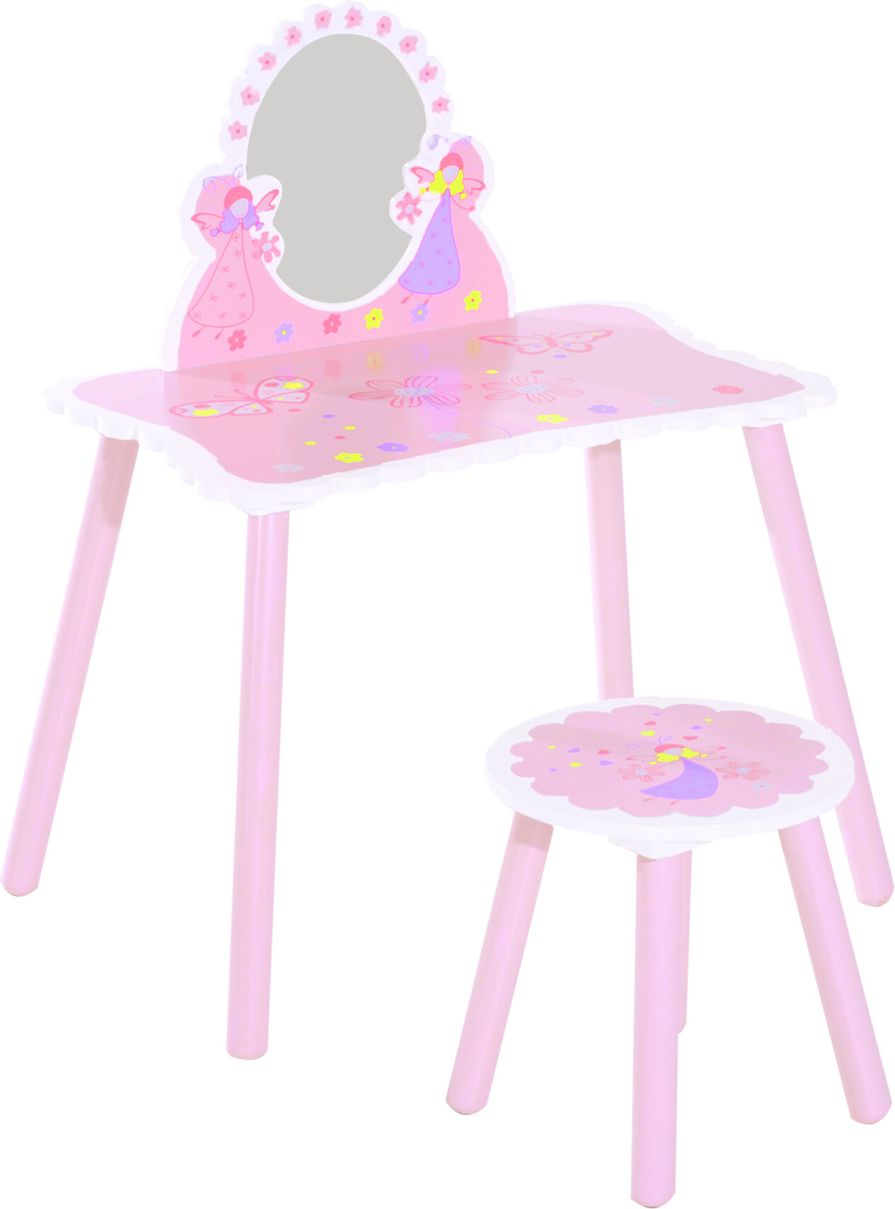 HOMCOM Kids Dressing Table Girls Pink Wooden Kids Dressing Table & Stool Make Up Desk Chair Toys Fairy Dresser Play Set w/Mirror Aosom UK