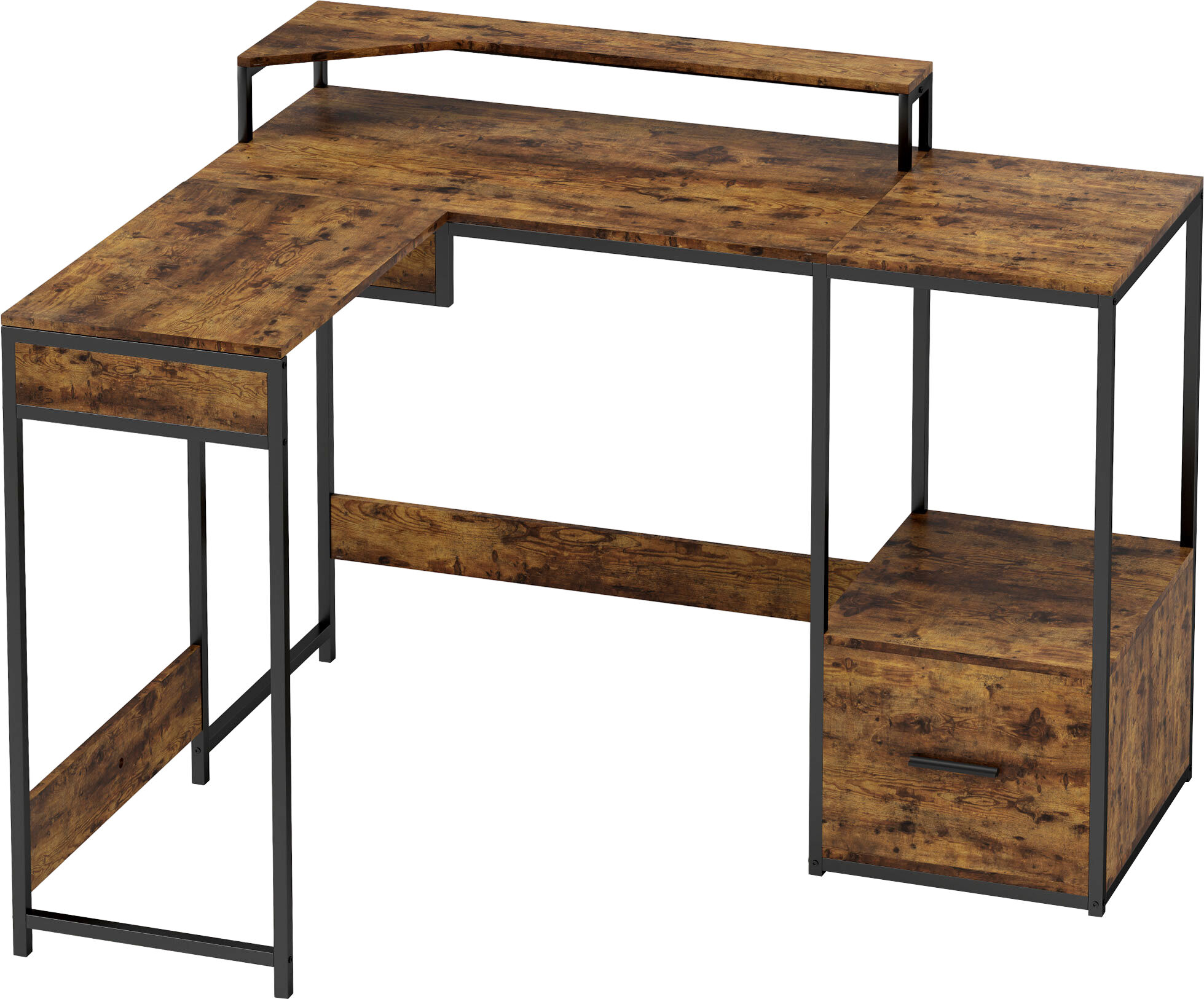 HOMCOM L Shaped Desk, Computer Desk with Liftable Desktop, Drawer for A4/Letter Size, Monitor Stand for Home Office, Rustic Brown