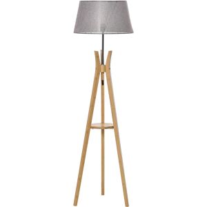 HOMCOM Natural Wood Tripod Floor Lamp Light E27 Base Bedroom Living Room Fabric Shade Storage Shelf Foot Switch, 156cm, Grey Aosom UK
