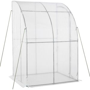 Outsunny Lean to Wall Greenhouse Outdoor Walk-In with Zippered Roll Up Door, PE Cover, 143L x 118W x 212H cm, White