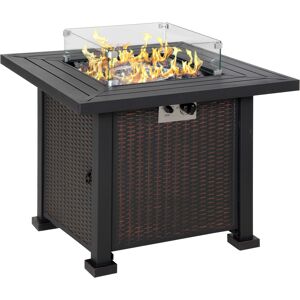 Outsunny Square Propane Gas Fire Pit Table, 50000 BTU Rattan Smokeless Firepit Patio Heater w/ Glass Screen, Beads and Lid, 82cm x 82cm x 66cm, Black