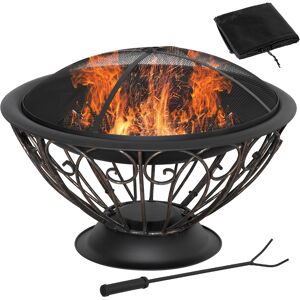 Outsunny Outdoor Fire Pit for Garden, Metal Fire Bowl Fireplace with Spark Screen, Poker, Log Grate and Rainproof Cover, Patio Heater, Bronze