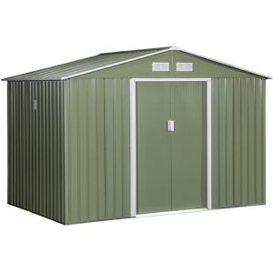 Outsunny 9 x 6 ft Metal Garden Storage Shed Corrugated Steel Roofed Tool Box with Foundation Ventilation and Doors, Light Green