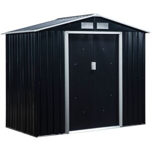 Outsunny Lockable Garden Shed Large Patio Roofed Tool Metal Storage Building Foundation Sheds Box Outdoor Furniture, 7ft x 4ft, Dark Grey