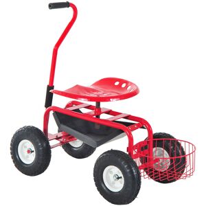 Outsunny Adjustable Rolling Garden Cart Outdoor Garden Planting Station Trolley Swivel Gardener Work Seat Heavy Duty w/ Tool Tray & Basket Red 150kg