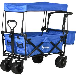 Outsunny Folding Trolley Cart Storage Wagon Beach Trailer 4 Wheels with Handle Overhead Canopy Cart Push Pull for Camping, Blue