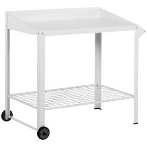 Outsunny Garden Outdoor Metal Potting Table Bench Planting Workstation Push Cart with Wheels Side Hanger - White