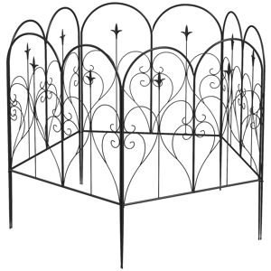Outsunny Metal Garden Fence Panels, Decorative Outdoor Picket, Heart-shaped Scrollwork, Set of 5, Black