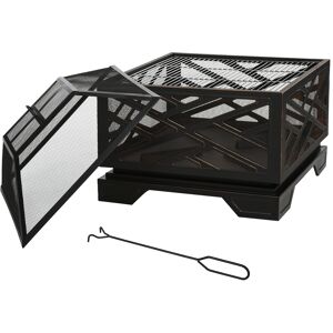 Outsunny 66cm 2 in 1 Square Fire Pit Metal Brazier for Garden, Patio with BBQ Grill Shelf & Spark Screen Cover & Poker, Black