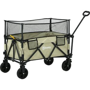 Outsunny Folding Trolley Wagon Cart, 180L with Extendable Side Walls for Beach, Camping, Festivals, Khaki