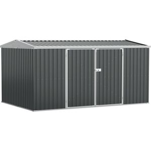 Outsunny 14 x 9 ft Lockable Garden Shed Large Patio Roofed Tool Metal Storage Building Foundation Sheds Box Outdoor Furniture, Grey