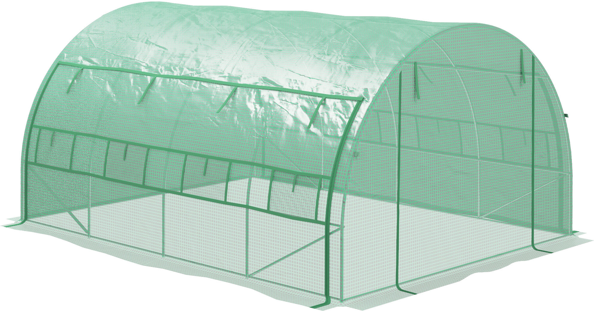 Outsunny Polytunnel Greenhouse Walk-in Grow House Tent with Roll-up Sidewalls, Zipped Door and 8 Windows, 4x3x2m Green