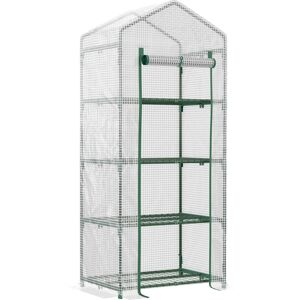 Outsunny 4 Tier Mini Greenhouse, Portable Green House with Steel Frame, PE Cover, Roll-up Door, 70 x 50 x 160 cm, White Aosom UK