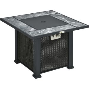 Outsunny Rattan Gas Fire Pit Table, Marble Top Patio Heater w/ Windscreen & Rain Cover, Outdoor Garden Centrepiece Aosom UK