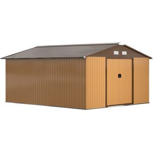 Outsunny 13 x 11 ft Metal Garden Shed Large Patio Roofed Tool Storage Box with Foundation Ventilation and Sliding Doors, Light Brown Aosom UK