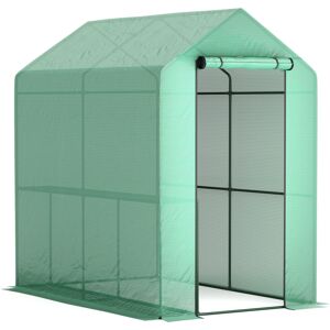 Outsunny Walk-in Greenhouse with 2 Tier 4 Shelves, Small Greenhouse with Reinforced PE Cover and Roll-up Door, 120 x 186 x 190 cm, Green Outsunny Walk-in Greenhouse with 2 Tier 4 Shelves, Small Greenhouse with Reinforced PE Cover and Roll-up Door, 120 x 186 x 190 cm, Green