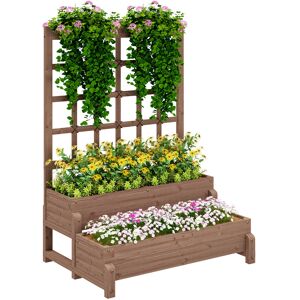 Outsunny 2-Tier Raised Garden Bed with Trellis, Wooden Elevated Planter Box with Drainage Holes, Outdoor Raised Planter for Climbing Plants, Fruits, Vegetables, Flowers, Brown