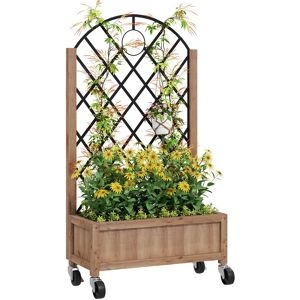 Outsunny Raised Garden Bed with Metal Trellis, Wooden Elevated Planter Box with Wheels and Drainage Holes, Outdoor Raised Planter for Climbing Plants, Fruits, Vegetables, Flowers, Brown