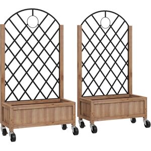 Outsunny Raised Garden Bed with Metal Trellis, Pack of 2 Wooden Elevated Planter Box with Wheels and Drainage Holes, Outdoor Raised Planter for Climbing Plants, Fruits, Vegetables, Flowers, Brown