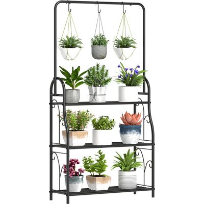 Outsunny 3 Tier Plant Stand with Hanging Rod and Hooks, Metal Plant Rack Shelf, Ladder Flower Pot for Indoor Outdoor Porch Balcony Living Room Bedroom, Black Outsunny 3 Tier Plant Stand with Hanging Rod and Hooks, Metal Plant Rack Shelf, Ladder Flower Pot for Indoor Outdoor Porch Balcony Living Room Bedroom, Black