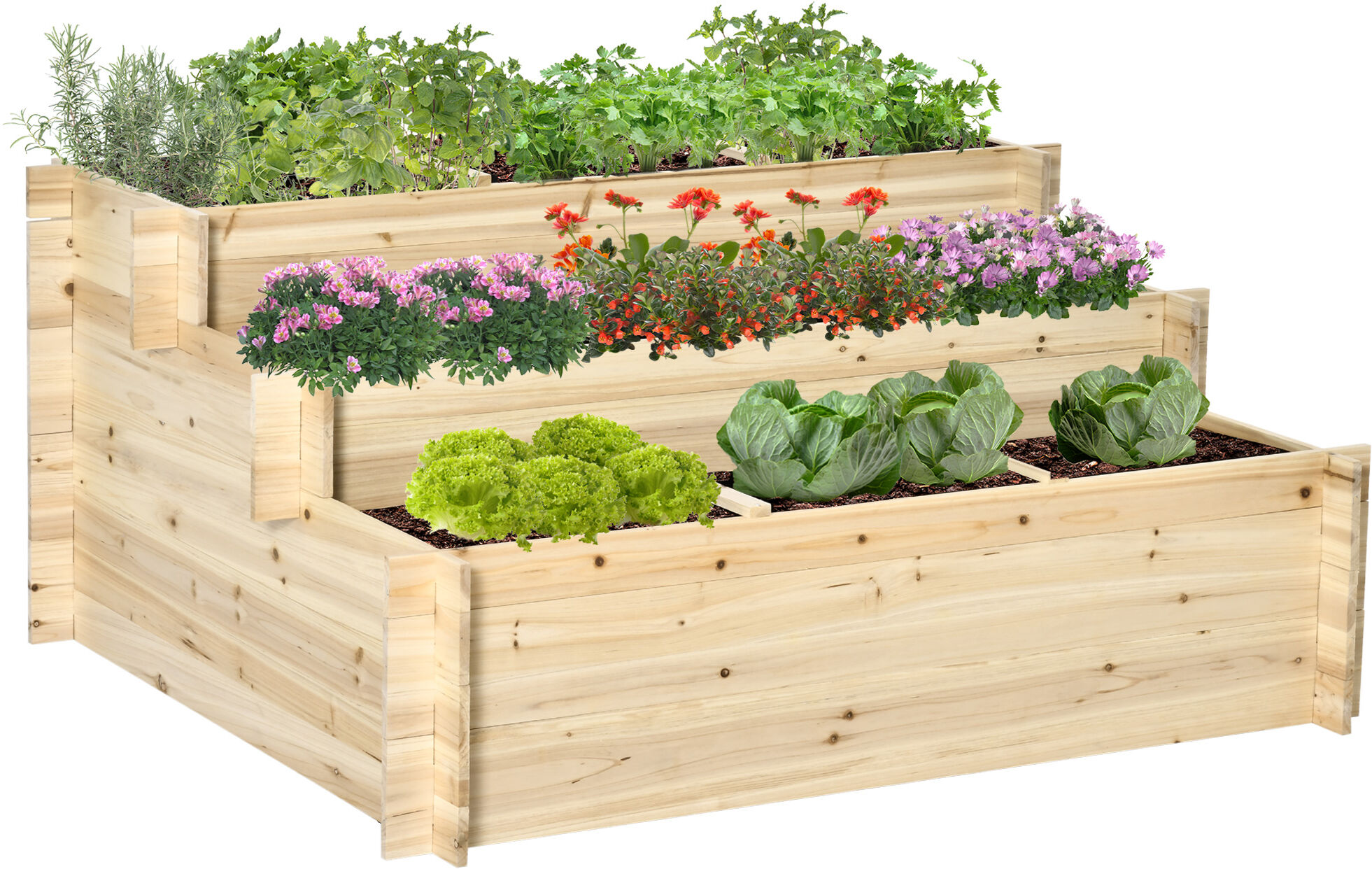 Outsunny 3 Tier Raised Garden Bed Elevated Planter Flower Box with 9 Grow Grids and Non-woven Fabric for Vegetables, Flower, Herb Aosom UK