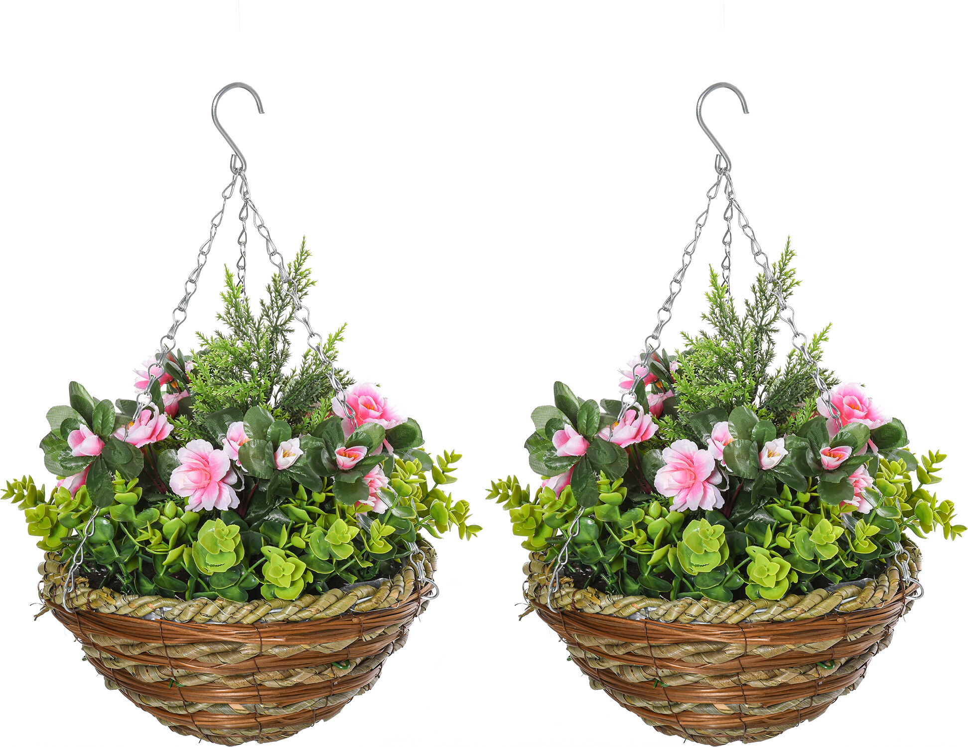 Outsunny Set of 2 Artificial Plant Lisianthus Flowers Hanging Planter with Basket for Indoor Outdoor Decoration Aosom UK