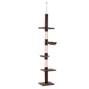 PawHut Cat Climbing Tree, 5-Tier Floor to Ceiling Adjustable Scratching Post Tower, Activity Centre, Brown, 230-260cm