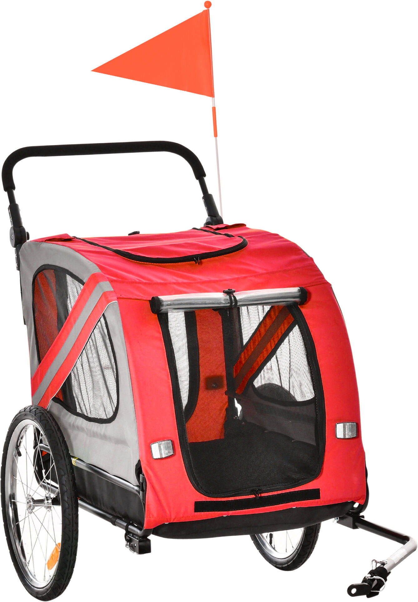 PawHut Dog Bike Trailer 2-in-1 Pet Stroller Cart Bicycle Carrier Attachment for Travel in steel frame with Universal Wheel Reflectors Flag Red