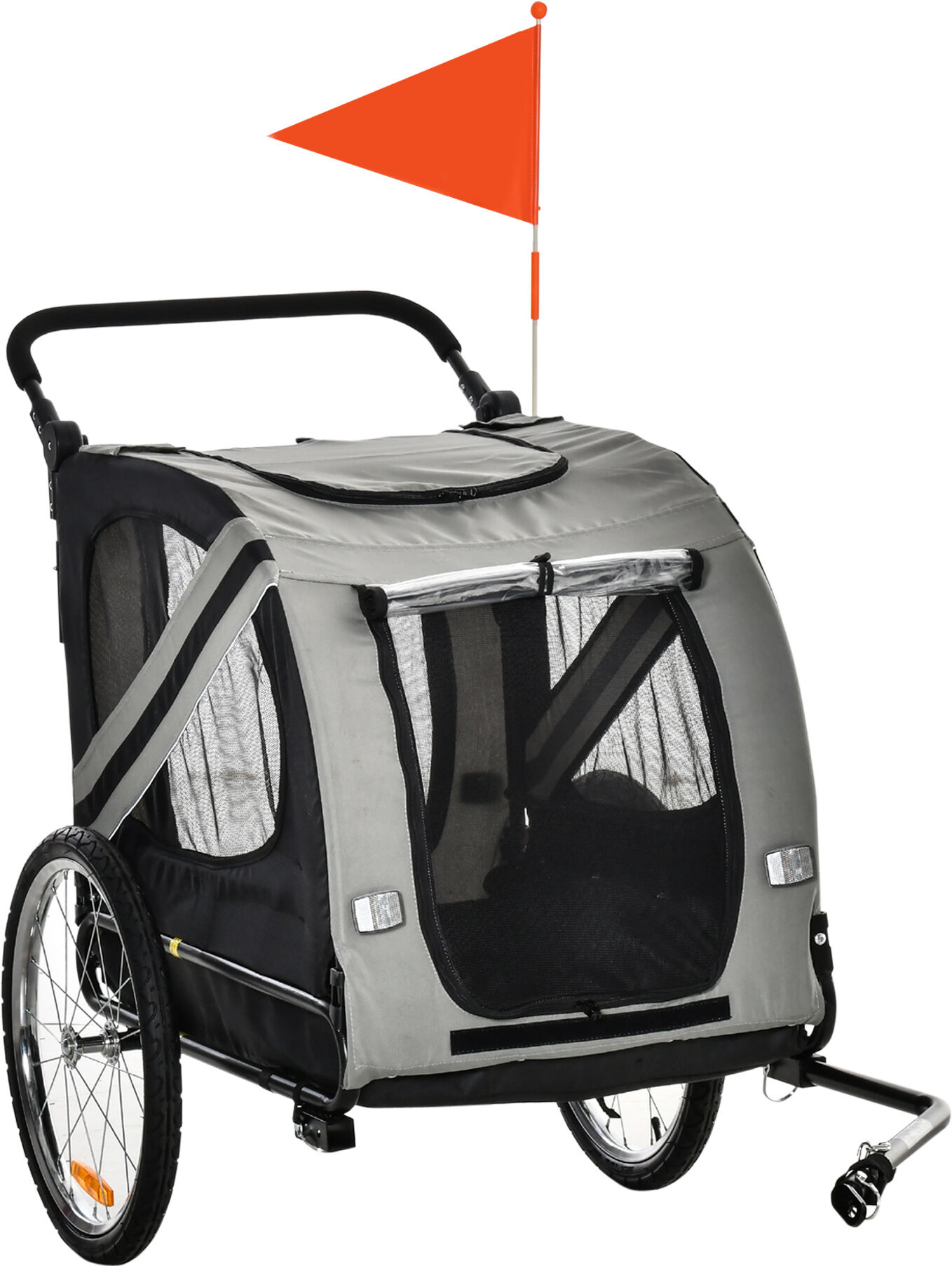 PawHut Dog Bike Trailer 2-in-1 Pet Stroller Cart Bicycle Carrier Attachment for Travel in steel frame with Universal Wheel Reflectors Flag Grey