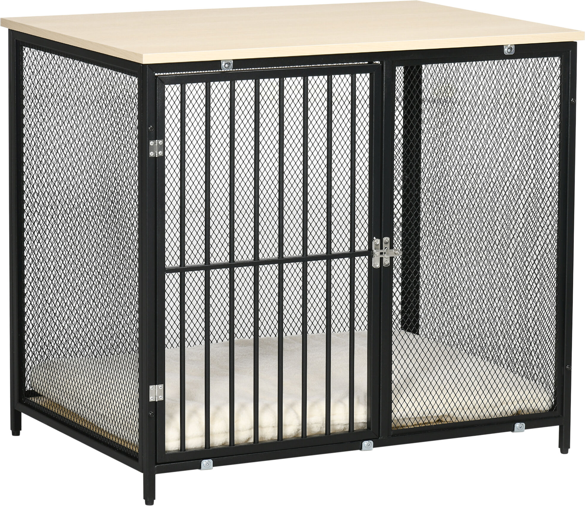 PawHut Dog Crate Furniture Side End Table with Soft Washable Cushion, Indoor Dog Kennel with Wire Mesh Wall, Wooden Top, for Medium Small Dogs