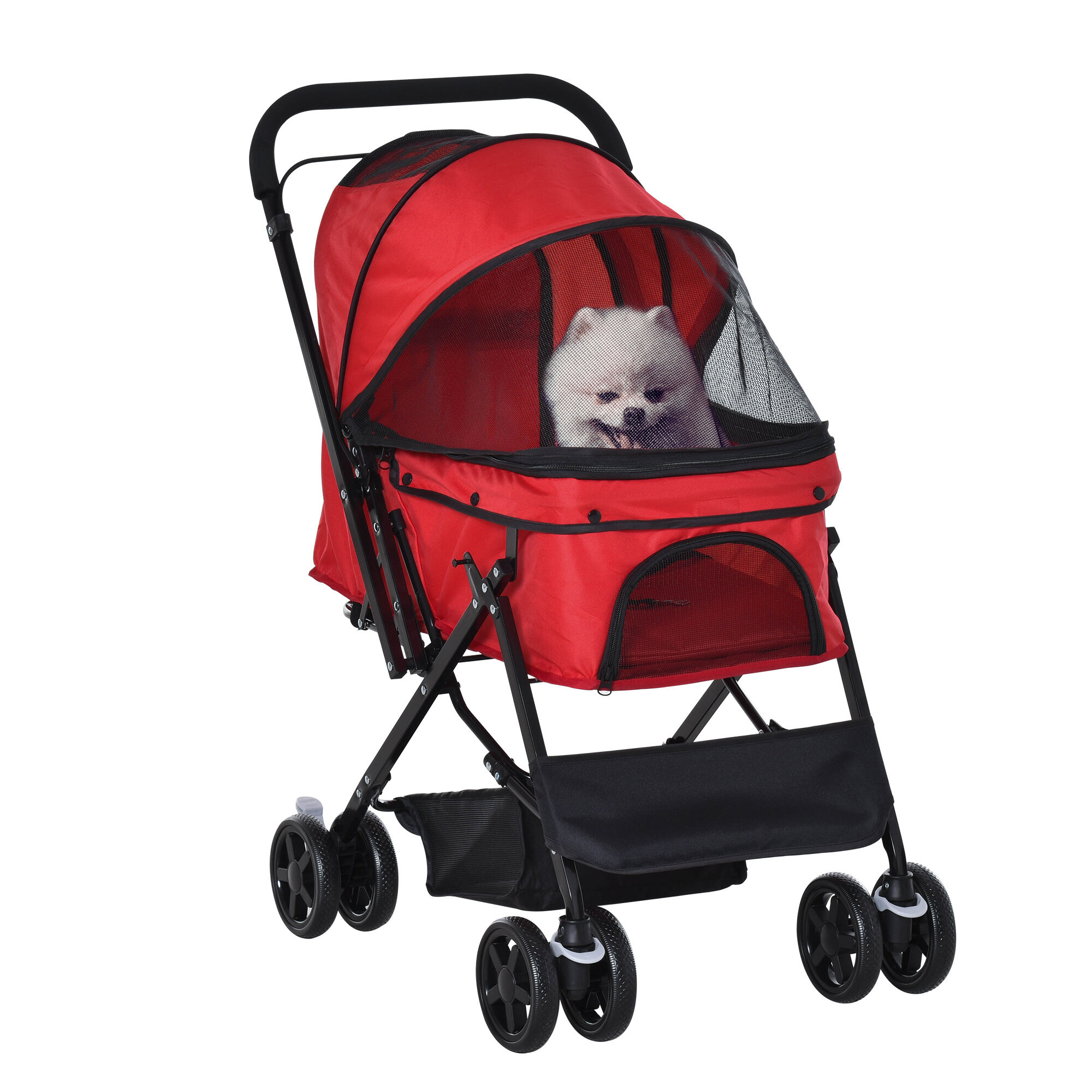 PawHut Pet Stroller Dog Travel Pushchair Foldable Jogger with Reversible Handle EVA Wheel Brake Basket Adjustable Canopy Safety Leash Red